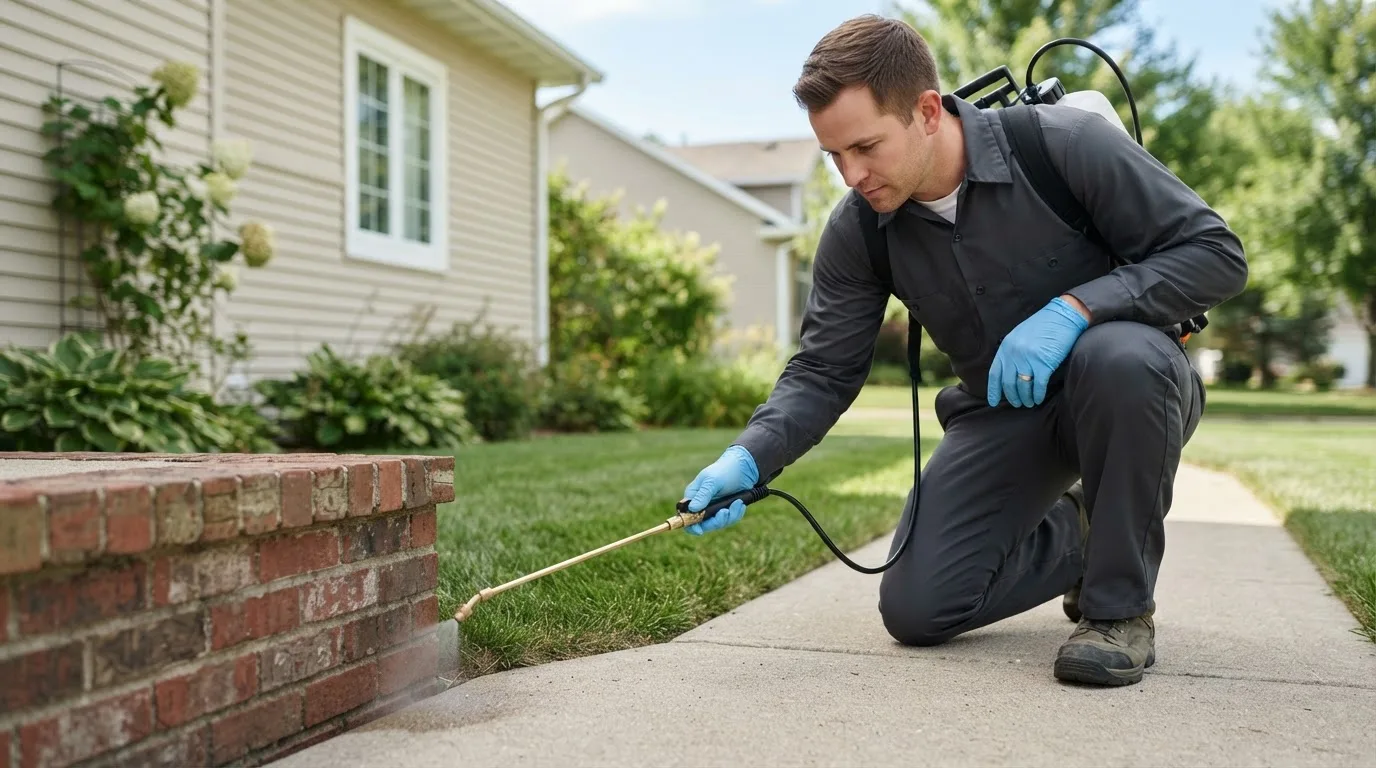 Pest control technician treating a home near Powhatan Point, OH