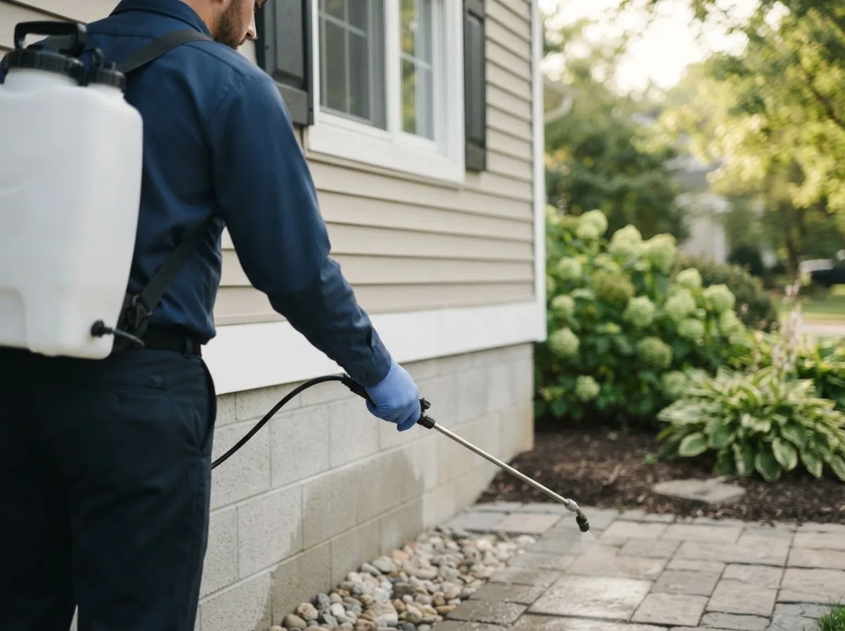 Pest control technician inspecting a home in Powhatan Point, OH